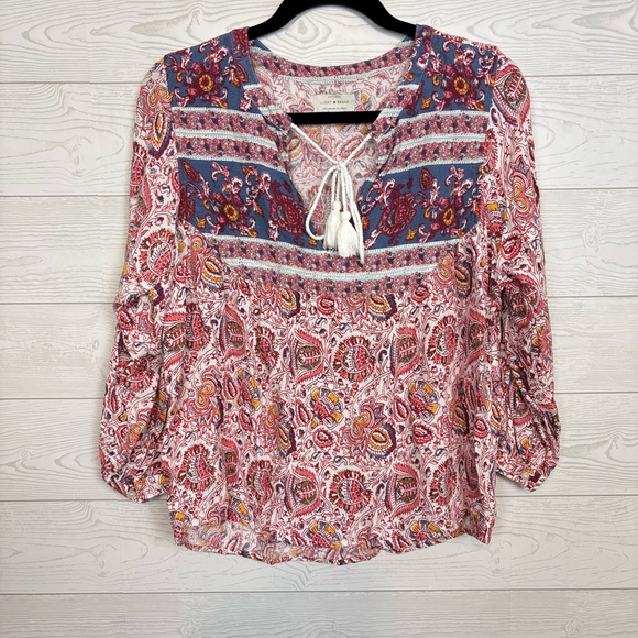 Lucky Brand Tops - LUCKY BRAND FLORAL PEASANT PRINT WITH TASSEL TIES BLOUSE LONG SLEEVE SIZE LARGE